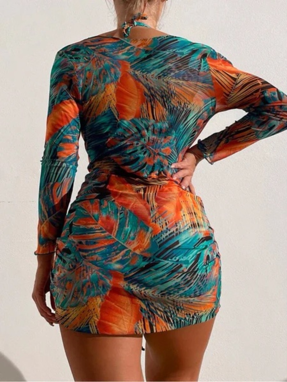 Roxylicia Teal & Orange Tropical Ruched Bikini Dress Large 🔥🩵🔥🩵🔥 - Picture 2 of 8
